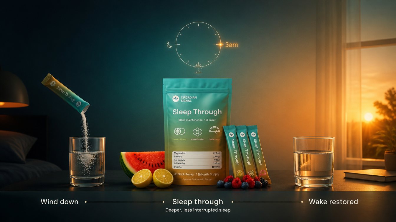 Sleep Through pouch and sticks on a bedside table, from a dark evening on the left to sunrise on the right, with a stick being poured into a glass of water