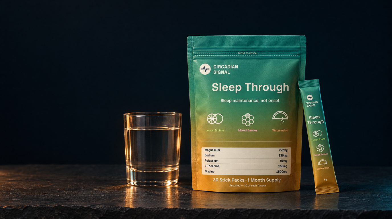 Sleep Through pouch with a glass of water and a stick